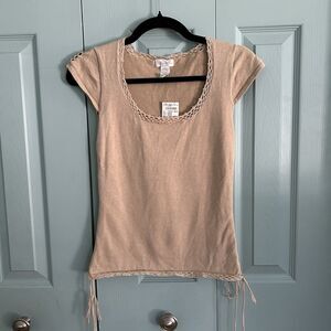 Y2K Charlotte Russe Womens Taupe Knit Cap Sleeve Top Large Boho Scoop Neck Beach